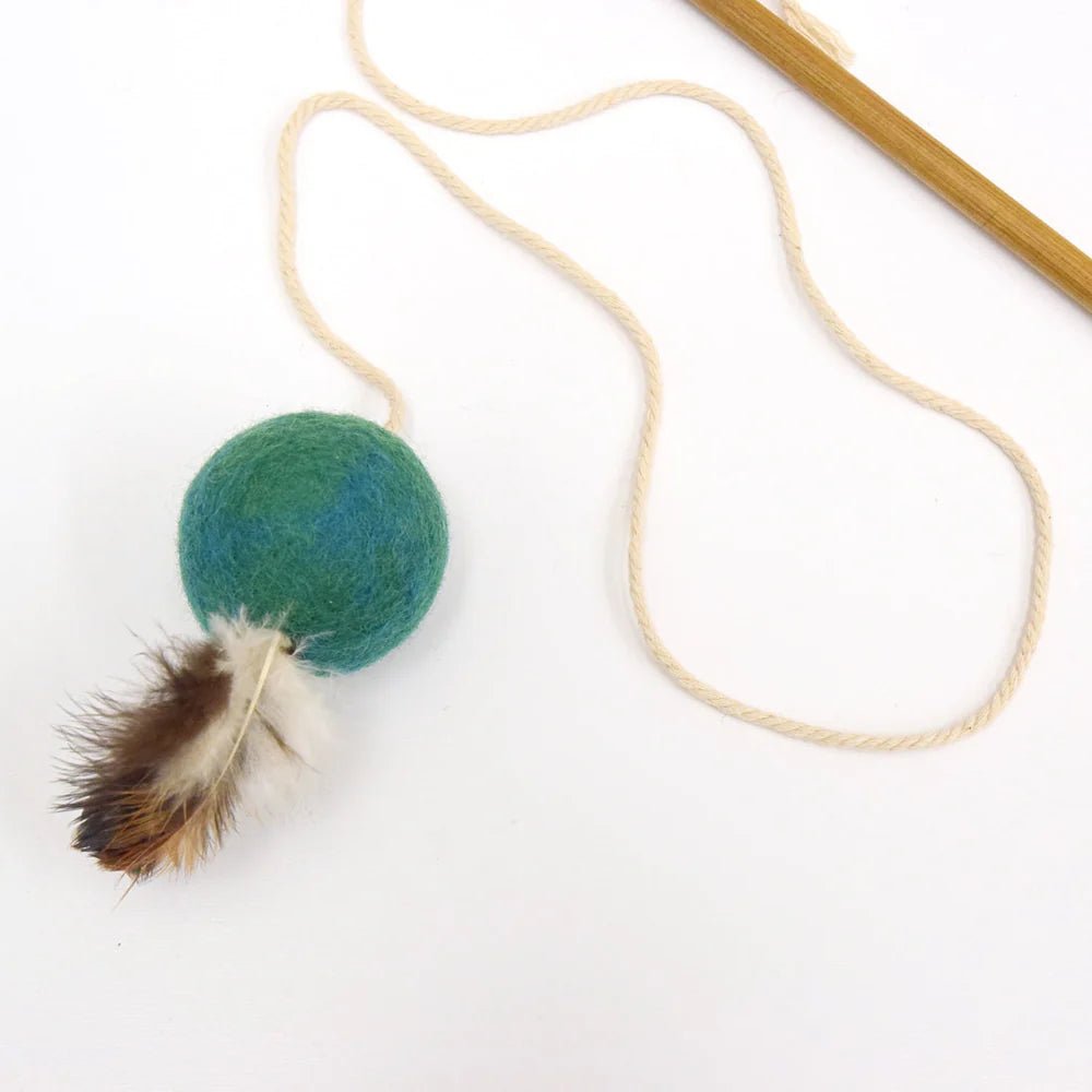 Handmade Feather Teaser Cat Wand - Teal Ball - Pryde Pets