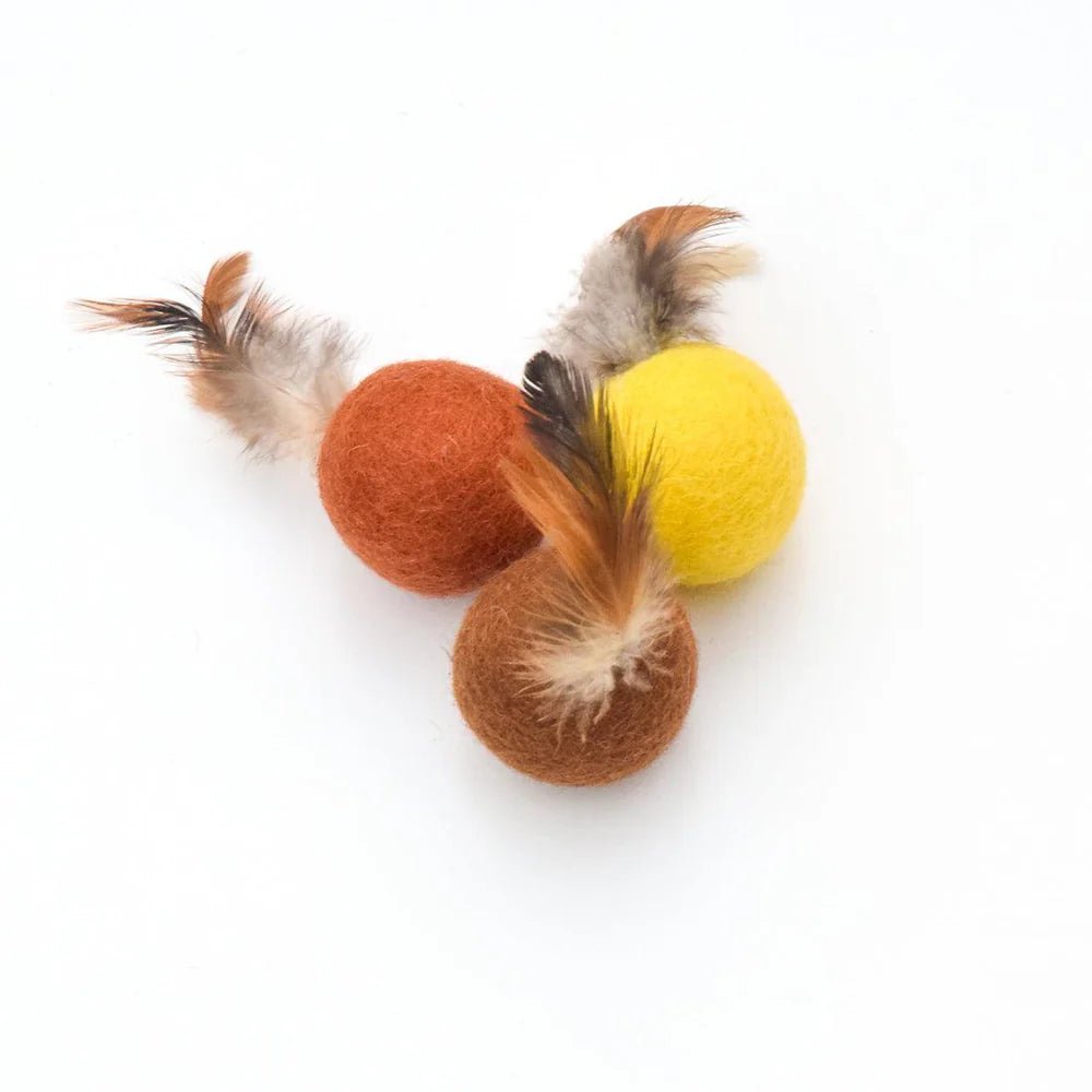 Handmade Feather Felt Balls – Safari Swatters (Set of 3) - Pryde Pets